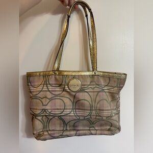 Coach F17474 Signature C Plaid Tote Lavender Gold Canvas Shoulder Bag